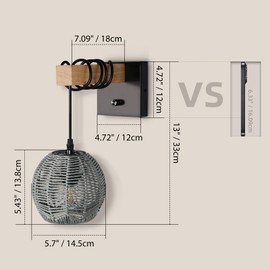 HYMELA N01 100% Dimmer Wall Sconce with Hand Woven Rattan Boho Wall Lamp Farmhouse Wall Mount Light Fixture Plug in Wall Sconces for Bedroom Living Room Kitchen