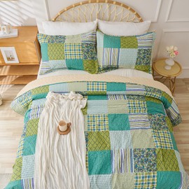 Cmfshape Quilt Sets Bedspread Set 100% Cotton Green Plaid Patchwork Bedding Set, All Season Use Lightweight Reversible Coverlet Quilts with 2 Pillow Shams(Queen 90"x96")