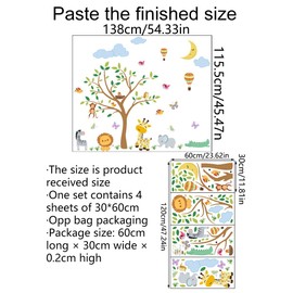 Mirabuy Forest Baby Animals Wall Decals Lion Giraffe Elephant Monkey with Hotair Moon Clound Safari Animals Wall Stickers for Baby Nursery Kids Room Daycare Wall Decor, 54.33x45.47 inches