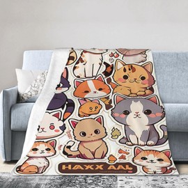 E-RIDES 125x150CM Kawaii Cat Sticker Blanket, Soft & Cozy for Adults & Kids, Unique Birthday Gift Blanket, Perfect Home Decor Blanket, Ideal for Couch, Bed, Office, Travel, All Seasons