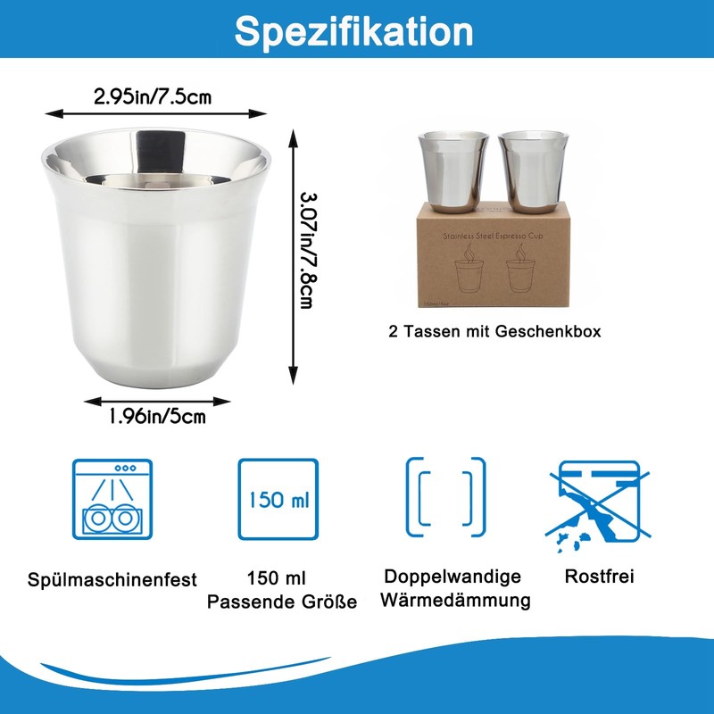 Easyworkz Stainless Steel Espresso Cups Double Wall Insulated 150ml Demitasse