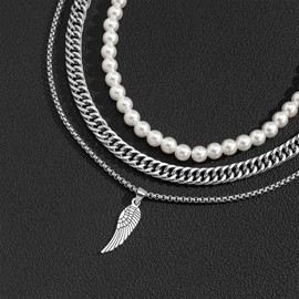 Generisch Pearl Necklace White Pearl Necklace for Men Faux Pearl Necklace Men's Necklaces Multilayer Creative Stackable Necklaces Men's Pearl Necklace 3 Pieces Feather Pearl Pendant for Pearl Chain