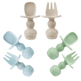PandaEar 6 Pack Silicone Baby Spoons and Fork Feeding Set- Anti-Choke First Self Feeding Utensils for Baby Led Weaning Ages 3 Months (Blue, Green&Tan)
