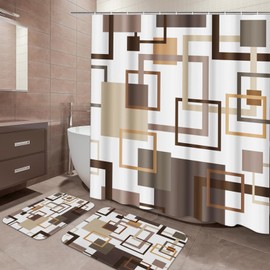 Tayney Geometric Shower Curtain Set Brown Bathroom Sets with Shower Curtain and Rugs, Modern Simple Checked Bathroom Shower Curtain Sets 3Pcs, Vintage Bathroom Decor and Accessories