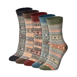 ZHICVIVA 5 Pairs Womens Vintage Winter Wool Socks, Cozy Soft Warm Thick Multicolor Knit Cushion Crew Socks, Free Size Christmas Gifts Ideas For Women Best Stuffers Fall