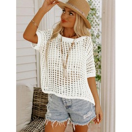 CFLHN White Crochet Tops for Women Short Sleeve Off The Shoulder Sweater Top Crochet Swimsuit Coverup for Beach Vacation Outfits M