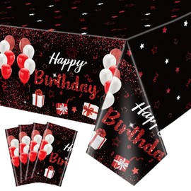 Pack of 4 Black and Red Happy Birthday Tablecloths, 220 x 130 cm, Rectangle Birthday Party Tablecloths for Women Girls Birthday Party Decorations Accessories