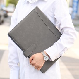 Wason Portfolio Padfolio A4 Leather Holder File Document Case with Writing Pad and Removable Clipboard for Organizer Office School Travel (Grey)