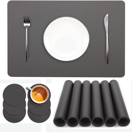 Abuzhen Placemats Set of 6, Faux Leather Place Mats with Coasters, Waterproof, Stain Resistant, Heat Resistant, Easy to Clean PU Table Mats for Dining Table and Decor (Set of 6, Rectangle Dark Gray)