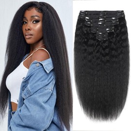 Datanala Kinky Straight Clip in Hair Extension 8Pcs/lot 120g With 18 Clips 16Inch Yaki Straight Clip in Hair Extension Real Human Hair Natural Black Color For black women (16inch/new)…