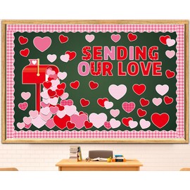 Jacyan 89PCS Valentine's Day Bulletin Board Decoration Set Heart Bulletin Board Borders Sending Our Love Cutouts for Bulletin Board Happy Valentine's Day Party Supplies Classroom Chalkboard Wall Decor