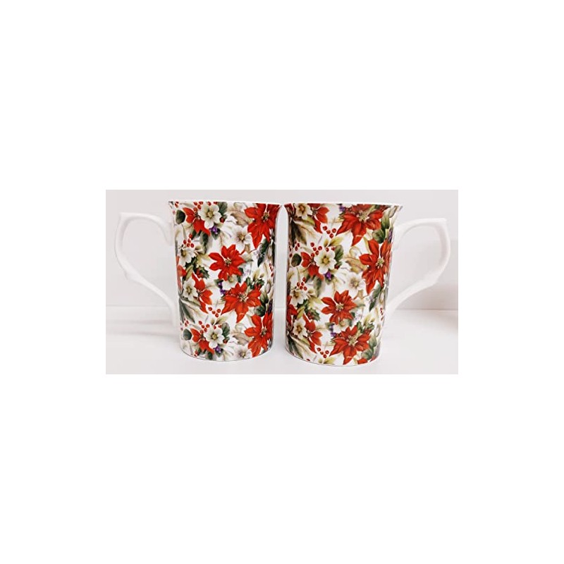 Rainbow Decors Poinsettia Mugs Set of 2 Fine Bone China