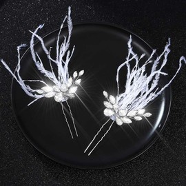 Latious Feather Wedding Hair Pins Silver Crystal 1920s Hair Clips Fascinator Hair Accessories for Women (Pack of 2) (Silver)