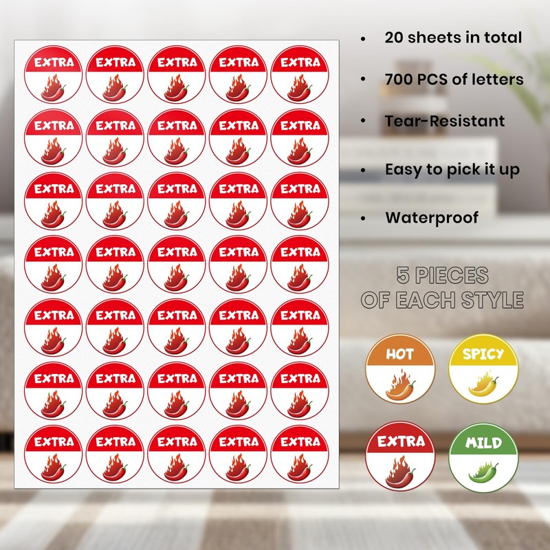 700 PCS Spicy Indicator Stickers 4 Level Chili Pepper Labels