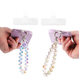 2pcs Beaded Phone Wrist Strap, Crystal Stone Cell Phone Lanyard Chain for Women Anti-Loss Wristlet Bracelet Sparkling Charm Strap for Wallet Camera (Purple, White)