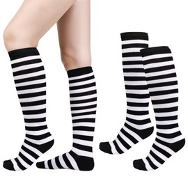 XIHIRCD 2 Pairs Knee High Socks, Warm Striped Stockings Soft Sports Mid-Calf Socks for Women Wednesday Cosplay (Black and White Stripes)