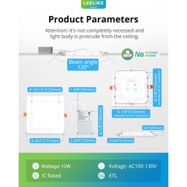 Leelike 2 Pack 6 inch 12W Dimmable Square LED Recessed Lighting with Junction Box, 960lm/CRI85 Ultra Thin LED Can Light 5CCT 2700K-5500K Adjustable with a Simple Switch IC Rated,ETL Listed