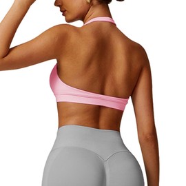 JN JANPRINT Workout Sports Bras for Women Halter Neck Impact Bra Padded Open Back Seamless Bralette Gym Bra Yoga Crop Top Pink