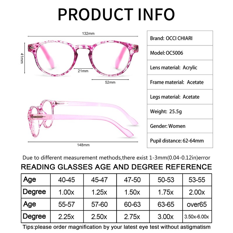 OCCI CHIARI Fashion Reading Glasses Round Reader Eyewear 100 125