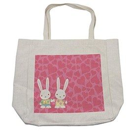 Ambesonne Bunny Shopping Bag, Valentines Day Theme Pattern with Hearts and Romantic Couple Bunnies in Outfits, Eco-Friendly Reusable Bag for Groceries Beach and More, 15.5" X 14.5", Cream