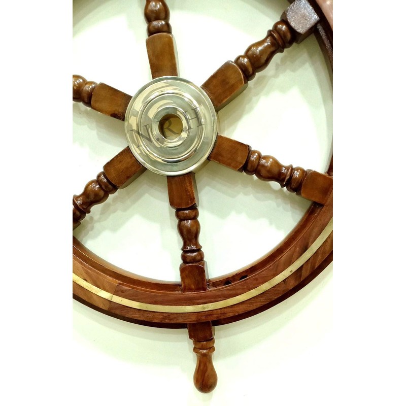 Nautical Captain's Steering Wooden Ship Wheel With Brass Ring &