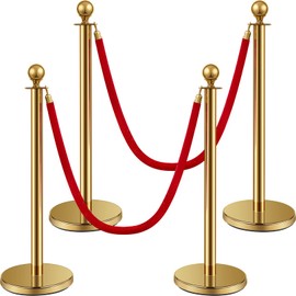 Ferraycle 4 Pcs 2025 Prom Stainless Steel Stanchion 5 ft Velvet Carpet Ropes and Pole Crowd Control Barriers Grand Opening Casino Movie Theme Party 360 Photo Booth Accessories (Gold)