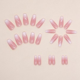 Aosedolr French Tip Nails Long Press on Nails Coffin Fake Nails Pink Nails Glossy Nails for Women and Girls 24 PCS/Set