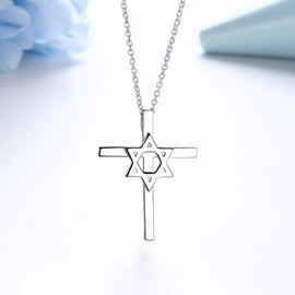 Jewish Messianic Star of David Necklace for Women Magen David Charm Cross Pendant Necklace 925 Sterling Silver Cross Magen David Star Necklace Jewish Jewelry Christmas Gifts FP0027W