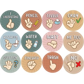 POSLIUE 12Pcs Boho Hand Signal Posters, Sign Language Posters for Visual Cues, Boho Pastel Classroom Decor for Bulletin Board, Nonverbally Communicate Supply Decoration, Back to School Decorations