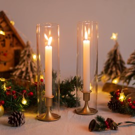 Romadedi Hurricane Candlestick Holders Gold - Taper Candle Holders Tall Clear Glass Cylinder for Wedding Table Centerpieces Party Decor Birthday Christmas Home Decorations Set of 2