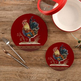 Boccsty Rooster Sunflower Trivet Mat 2PCS Farm Animal Round Woven Potholders Kitchen Table Countertop Protector Hot Pads Farmhouse Coasters Counter Mats?for Cooking Baking