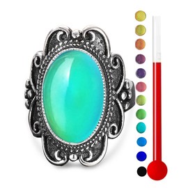 DALEGEM S925 Sterling Silver Oval Color Changing Crystal Ring,Retro Temperature-Control Changeable Gemstone Boho Ring,Antique Bohemian Statement Gem Stone Ring for Women (Ring_A, 8)