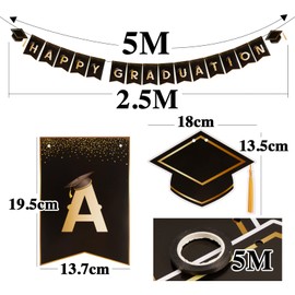 Happy Graduation Banner with Confetti Balloons Graduation Bunting Congrats Grad Class Photo Props Black and Gold Backdrop for Graduation Party Decoration