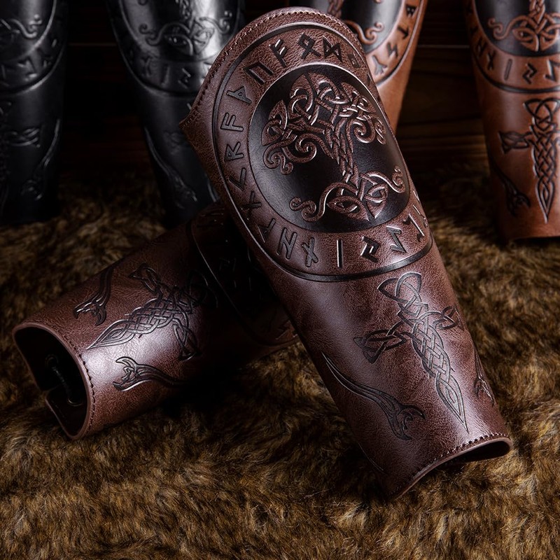 HOEACXY Leather Bracers for Men Viking Embossed Tree Bracers Medieval