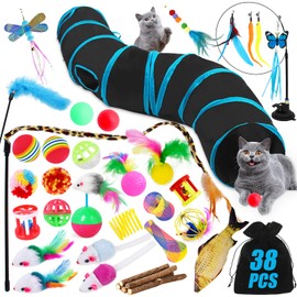 TAVADA Cat Toy Set with Cat Tunnel, 38 Pieces Cat Accessories, Feather Toy for Cats, Plush Toy, Toy Mice Cats Toy Variety Pack for Kitty Cats