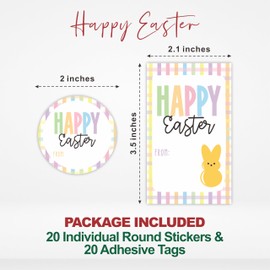 40 Pcs Easter Sticker Set - Colorful Plaids Happy Easter - 20 Round Stickers & 20 Adhesive Tags for Easter Day Gift Wrapping, Envelope Seals Party Favor & Supplies - E03