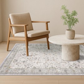 Hazo Haus Light Gray Washable Rugs for Living Room - 4x8 Vintage Boho Eclectic Pastel, Washable Low Pile Non Slip Area Rug for Bedroom Beside Bed, Door Mat Indoor Entrance, Kitchen, Home Floor Decor