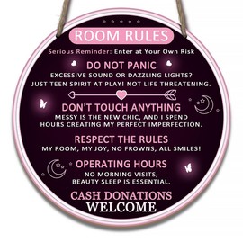 Preppy Teen Room Decor - Cute Room Rules Sign for Teen Girls, ' Enter at Own Risk' Humor Plaque Preppy Bedroom for Teens, Cute Teenage Door Sign & Fun Gifts for Birthday, Holidays (Black Room Rules)