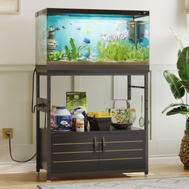 Bestier 20-29 Gallon Fish Tank Stand with Power Outlets, Metal Long Aquarium Stand with Storage Cabinet, 31x15 Reptile Terrarium Stand with Horizontal Gold Line, Stainless Hooks, 350 Lbs(Black)