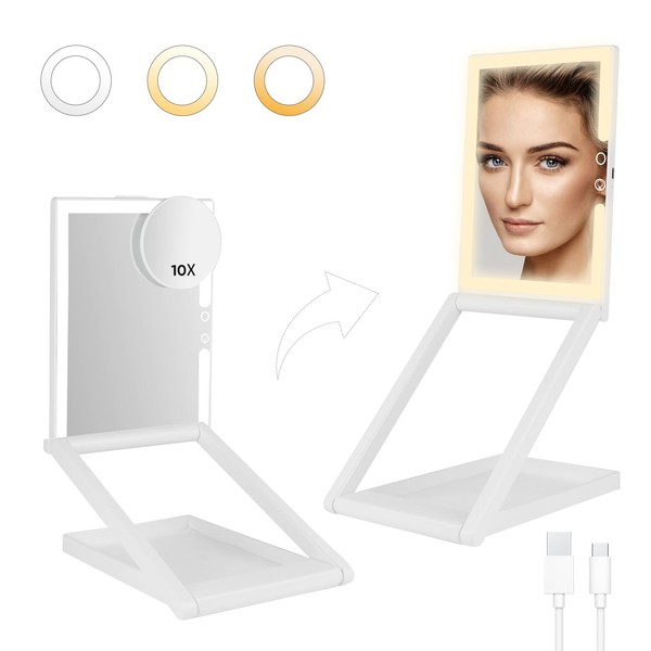 GURUN Espejo de maquillaje portátil plegable de altura ajustable con 3 colores de luz de 10 aumentos de 2000 mha recargable espejo de cambiador de mesa, brillo ajustable M3003-2000