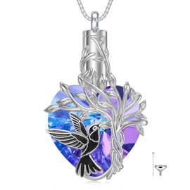TOUPOP Heart Tree of Life Urn Necklace for Ashes 925 Sterling Silver Cat/Dog/Hummingbird Cremation Jewelry with Amethyst Crystal w/Funnel Filler Memorial Gifts for Women, One Size, Sterling Silver,