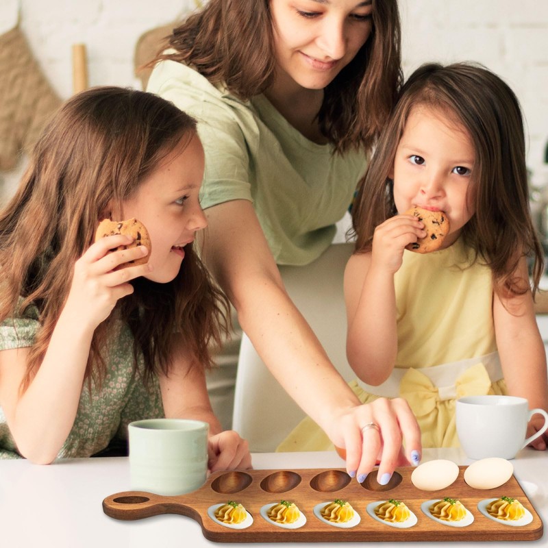 Gosodeny Acacia Wood Deviled Egg Platter with Handles 12 Holes