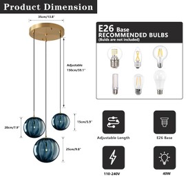 Flyrose 3-Light Cluster Pendant Lighting Blue Glass Chandelier Pendant Light Kitchen Island Mid Century Modern Globe Chandelier Vintage Ceiling Hanging Light Fixture