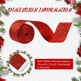 Juinte 3 Roll 30 Yards Christmas Glitter Wired Ribbon Christmas Party Favors Decor Gift Wrapping Ribbon for Craft Headband Bow Decor(1.5 Inch,Red)