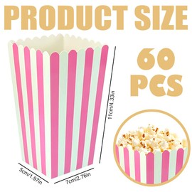 FCKLVMC 60 Pcs Paper Pink Popcorn Boxes, Pink Popcorn Bags with White Striped, Popcorn Boxes for Party, Popcorn Holders for Party Birthday Favor Supplies