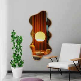 osemy Irregular Wall Mirror Wavy Mirror Asymmetrical Shaped Mirror Aluminum Alloy Framed Big Unique Full Length Mirror for Living Room Bathroom Bedroom Entryway Fireplace (Gold, 47"x21")