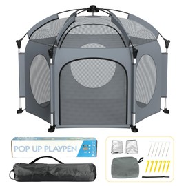 Portable Playpen for Babies and Toddlers - PRObebi Pop Up Playpen for Baby with Three Sun-Shade, Lightweight Outdoor Play Yard - Beach Playpen with Travel Bag - for Home & Indoor Use - Grey