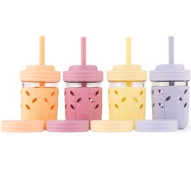 Elk and Friends Kids & Toddler Cups | The Original Glass Mason jars 8 oz with Silicone Sleeves & Silicone Straws with Stoppers | Smoothie Cups | Spill Proof Sippy Cups for Toddlers