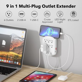 BN-LINK Outlet Extender, Multi Plug Outlets with 6 Outlets 3 USB Ports (3.4A Total), Dusk-to-Dawn Sensor Night Light, Outlet Splitter with Top Phone Holder, for Traveling, Home, School, Office