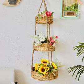 3 Tier Hanging Fruit Basket, Handmade Natural Water Hyacinth Wall Vegetable Storage Baskets, Space Saver for Kitchen Organizing Plant Holder